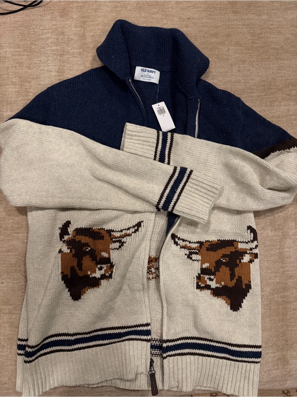Old Navy Men's Navy and Cream Zip-Up Sweater with Bull Motif